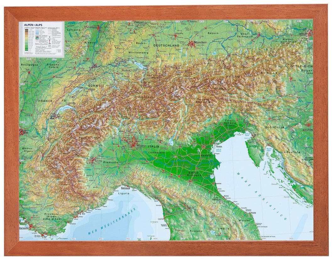 Alpenbogen Reliefkarte A3 mit oder ohne Holzrahmen