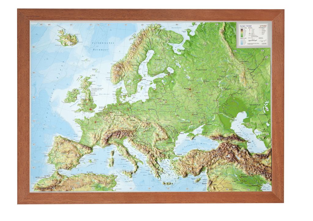 Europa Reliefkarte A3 mit oder ohne Holzrahmen